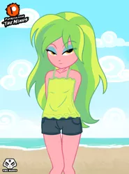 Size: 1920x2600 | Tagged: safe, artist:theminus, derpibooru import, lemon zest, equestria girls, arm behind back, beach, clothes, cloud, image, jpeg, looking at you, ocean, sand, sky, water, younger