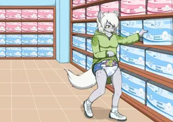 Size: 6355x4498 | Tagged: suggestive, artist:black-valkyr, derpibooru import, oc, oc:fossil fluster, unofficial characters only, anthro, anthro oc, clothes, diaper, diaper fetish, diaper package, fetish, hoodie, image, jpeg, shopping, solo