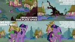 Size: 1280x720 | Tagged: safe, derpibooru import, edit, edited screencap, editor:quoterific, screencap, spike, twilight sparkle, twilight sparkle (alicorn), alicorn, dragon, pony, castle sweet castle, season 5, crying, eyes closed, female, golden oaks library, hug, image, library, male, mare, png, sad