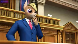 Size: 3840x2160 | Tagged: safe, alternate version, artist:antonsfms, derpibooru import, oc, oc:nickyequeen, unofficial characters only, anthro, donkey, 3d, ace attorney, alternate universe, anthro oc, badge, banner, clothes, commission, commissioner:nickyequeen, court, courtroom, crossover, desk, donkey oc, formal attire, formal wear, hand on chin, hand on hip, high res, image, image set, male, phoenix wright, png, pondering, solo, source filmmaker, suit