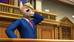 Size: 3840x2160 | Tagged: safe, alternate version, artist:antonsfms, derpibooru import, oc, oc:nickyequeen, unofficial characters only, anthro, donkey, 3d, ace attorney, alternate universe, anthro oc, badge, banner, clothes, commission, commissioner:nickyequeen, court, courtroom, crossover, desk, donkey oc, formal attire, formal wear, hand on hip, high res, image, image set, laughing, looking up, male, phoenix wright, png, solo, source filmmaker, suit