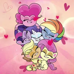 Size: 1080x1080 | Tagged: safe, derpibooru import, screencap, applejack, fluttershy, pinkie pie, rainbow dash, rarity, twilight sparkle, twilight sparkle (alicorn), alicorn, earth pony, pegasus, pony, unicorn, my little pony: pony life, spoiler:pony life s02e18, cheek squish, communication shakedown, cropped, eyes closed, female, group hug, hug, image, mane six, mare, png, smiling, squishy cheeks