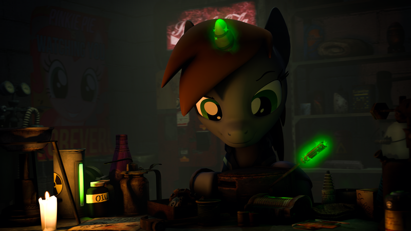 Size: 7680x4320 | Tagged: safe, artist:lagmanor, derpibooru import, pinkie pie, oc, oc:littlepip, earth pony, pony, unicorn, fallout equestria, 3d, absurd resolution, battery, bottle, candle, clothes, dark background, duct tape, female, glowing horn, glue, hammer, holding, horn, image, junk, looking down, magic, mare, ministry of morale, png, poster, propaganda, repairing, screwdriver, solo, source filmmaker, sparkle cola, tape, telekinesis, toaster, vault suit, vending machine, workshop
