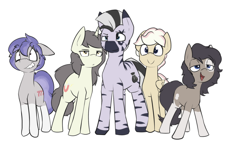 Size: 2239x1355 | Tagged: safe, artist:triplesevens, ponybooru import, oc, oc:cornetto, oc:kona, oc:longfolia, oc:short fuse, oc:triple sevens, unofficial characters only, earth pony, pegasus, pony, unicorn, zebra, horn, image, looking at you, male, open mouth, png, ponybooru collab 2021, simple background, smiling, stallion, transparent background, wings