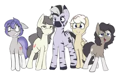Size: 2239x1355 | Tagged: safe, artist:triplesevens, ponybooru import, oc, oc:cornetto, oc:kona, oc:longfolia, oc:short fuse, oc:triple sevens, unofficial characters only, earth pony, pegasus, pony, unicorn, zebra, horn, image, looking at you, male, open mouth, png, ponybooru collab 2021, simple background, smiling, stallion, transparent background, wings