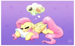 Size: 3490x2150 | Tagged: safe, artist:confetticakez, derpibooru import, fluttershy, pegasus, pony, rabbit, animal, blushing, cute, dream, ear fluff, eyes closed, female, gradient background, image, lavender background, lying down, mare, newbie artist training grounds, pillow, png, prone, shyabetes, simple background, sleeping, smiling, solo, starry background, stars, wing fluff