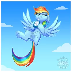 Size: 4000x4000 | Tagged: safe, artist:confetticakez, derpibooru import, rainbow dash, pegasus, pony, blushing, cloud, cloudy, eyes closed, female, floppy ears, flying, frog (hoof), gotta go fast, image, juice, juice box, mare, png, sipping, sky, smiling, solo, spread wings, underhoof, watermark, wings