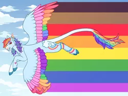Size: 1280x960 | Tagged: safe, artist:s0ftserve, derpibooru import, rainbow dash, pegasus, alternate design, colored wings, image, jpeg, lgbtq, multicolored wings, pride flag, pride month, solo, spread wings, wings