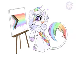 Size: 5319x4000 | Tagged: safe, artist:confetticakez, derpibooru import, oc, oc:cloudy canvas, unofficial characters only, kirin, image, kirin oc, mouth hold, paintbrush, png, pride, pride flag, rainbow colors, shitstain pride flag, simple background, solo, underhoof, white background