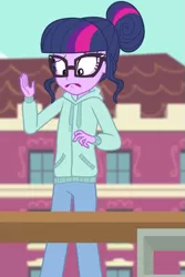 Size: 485x726 | Tagged: safe, derpibooru import, screencap, sci-twi, twilight sparkle, equestria girls, equestria girls series, stressed in show, clothes, cropped, hoodie, image, lip bite, png, solo
