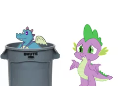 Size: 1000x702 | Tagged: semi-grimdark, derpibooru import, spike, dragon, duo, image, male, ord, png, simple background, trash can, white background