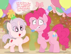 Size: 4032x3024 | Tagged: safe, artist:wispy tuft, derpibooru import, fizzlepop berrytwist, lyra heartstrings, minuette, pinkie pie, tempest shadow, oc, oc:red pill, earth pony, pony, unicorn, balloon, birthday, cake, cute, dialogue, female, filly, foal, food, hat, image, nervous, party, party hat, party hats, png, red pill, smiling, text