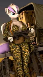 Size: 1440x2560 | Tagged: suggestive, artist:arcanetesla, derpibooru import, oc, oc:ari, anthro, unicorn, 3d, ak-74, ak-74m, assault rifle, breasts, camouflage, car, commission, famas, female, gun, image, m4a1, png, rifle, smiling, solo, source filmmaker, weapon, ych result, your character here