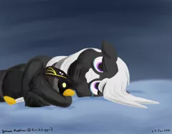 Size: 1400x1100 | Tagged: safe, artist:rockhoppr3, derpibooru import, oc, oc:ace hearts, unofficial characters only, bird, earth pony, penguin, pony, crying, frown, image, pillow pet, plushie, png, sad, solo, unshorn fetlocks