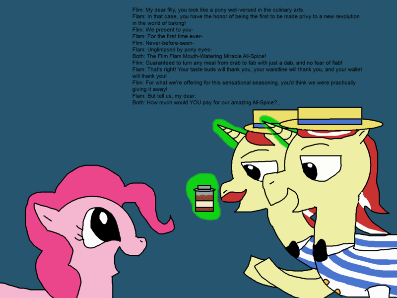 Size: 1500x1125 | Tagged: safe, artist:blazewing, derpibooru import, flam, flim, pinkie pie, snails, pony, unicorn, atg 2021, bowtie, clothes, drawpile, facial hair, female, flim flam brothers, happy, hat, image, levitation, magic, male, mare, moustache, newbie artist training grounds, open mouth, png, rule 63, scam, shirt, smiling, spice, stallion, talking, telekinesis, text