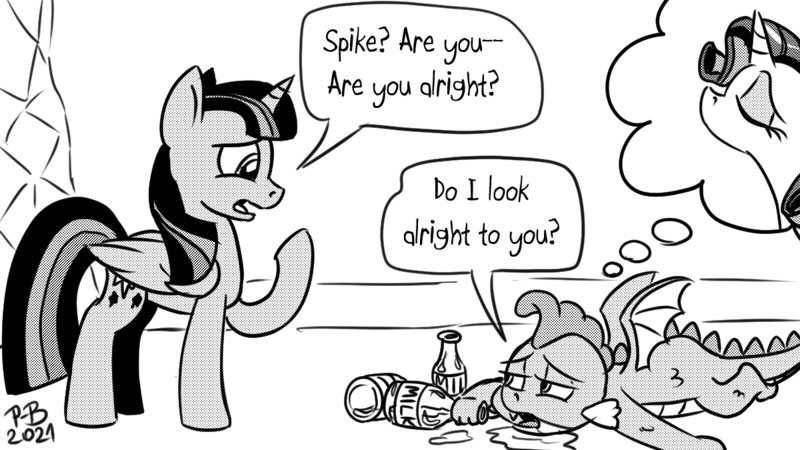 Size: 1200x675 | Tagged: safe, artist:pony-berserker, derpibooru import, rarity, spike, twilight sparkle, twilight sparkle (alicorn), alicorn, dragon, unicorn, binge, drinking, image, milk, monochrome, png, pony-berserker's twitter sketches, sad, stippling, thinking