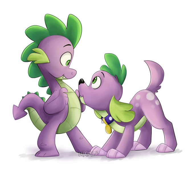 Size: 3384x3024 | Tagged: safe, artist:luximus17, derpibooru import, spike, spike the regular dog, dog, dragon, equestria girls, :t, cute, doggy dragondox, duality, high res, image, jpeg, looking at each other, male, profile, simple background, spikabetes, spike the dog, white background