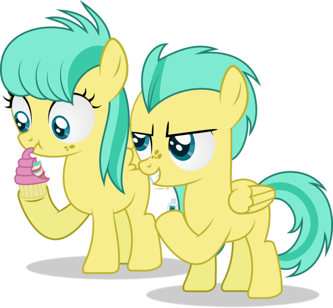 Size: 3972x3677 | Tagged: safe, artist:thatusualguy06, derpibooru import, barley barrel, pickle barrel, pegasus, pony, rainbow roadtrip, atg 2021, barrel twins, brother and sister, colt, cupcake, evil grin, female, filly, foal, food, grin, gritted teeth, high res, image, male, newbie artist training grounds, png, prank, scrunchy face, siblings, smiling, solo, toothpaste, twins