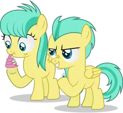 Size: 3972x3677 | Tagged: safe, artist:thatusualguy06, derpibooru import, barley barrel, pickle barrel, pegasus, pony, rainbow roadtrip, atg 2021, barrel twins, brother and sister, colt, cupcake, evil grin, female, filly, foal, food, grin, gritted teeth, high res, image, male, newbie artist training grounds, png, prank, scrunchy face, siblings, smiling, solo, toothpaste, twins