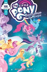 Size: 1318x2000 | Tagged: safe, artist:justasuta, derpibooru import, idw, applejack, crystal (character), fluttershy, marini, pinkie pie, rainbow dash, rarity, silverstream, smolder, spike, star swirl the bearded, twilight sparkle, twilight sparkle (alicorn), abyssinian, alicorn, diamond dog, dragon, earth pony, hippogriff, kelpie, pegasus, unicorn, zebra, cover, flying, image, jpeg, mane six, molly (cat), moonbeam twinkletail, pony history, season 10, winged spike