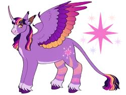 Size: 1280x960 | Tagged: safe, artist:s0ftserve, derpibooru import, twilight sparkle, alicorn, alternate cutie mark, alternate design, alternate hairstyle, coat markings, colored wings, curved horn, extended cutie mark, gradient wings, headcanon, headcanon in the description, horn, image, leonine tail, multicolored wings, png, redesign, simple background, solo, spread wings, transparent background, unshorn fetlocks, wings