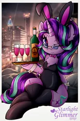 Size: 2695x4082 | Tagged: suggestive, artist:canvymamamoo, derpibooru import, starlight glimmer, anthro, pony, unicorn, alcohol, bottle, bowtie, breasts, bunny ears, bunny suit, chest fluff, clothes, cuffs (clothes), ear fluff, female, glass, glasses, holding, image, jpeg, leotard, looking at you, mare, one eye closed, serving tray, sitting, smiling, socks, solo, solo female, stockings, thigh highs, underhoof, wine, wine bottle, wine glass, wink