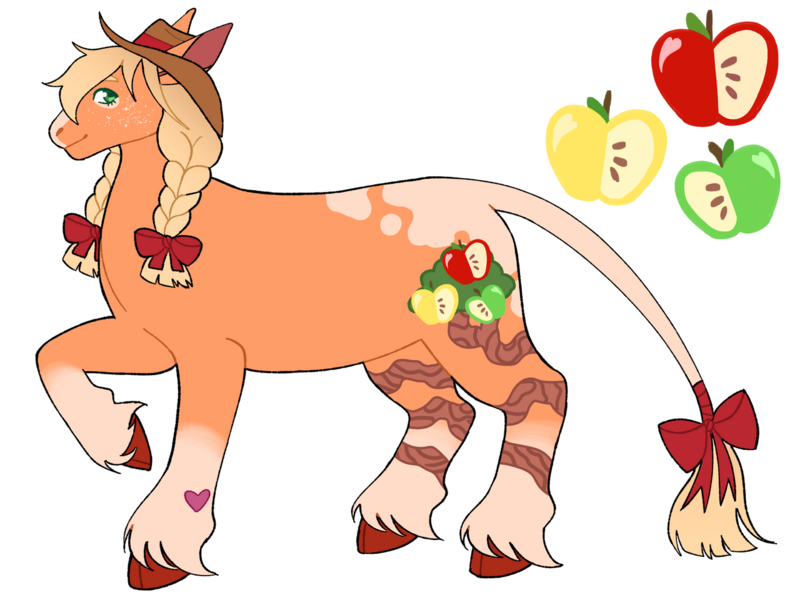 Size: 1280x960 | Tagged: safe, artist:s0ftserve, derpibooru import, applejack, earth pony, alternate cutie mark, alternate design, alternate hairstyle, bow, braid, colored hooves, extended cutie mark, headcanon, headcanon in the description, heart mark, image, pigtails, png, redesign, simple background, solo, transparent background, twintails, unshorn fetlocks