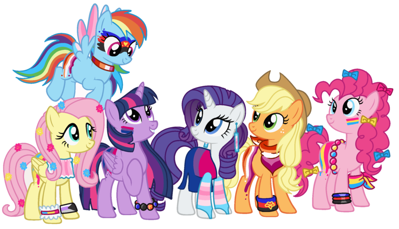 Size: 2407x1385 | Tagged: safe, artist:shiibases, artist:sir-psych0-s3xy, derpibooru import, applejack, fluttershy, pinkie pie, rainbow dash, rarity, twilight sparkle, twilight sparkle (alicorn), alicorn, earth pony, pegasus, pony, unicorn, applejack's hat, bandana, base used, bisexual pride flag, body painting, bow, bracelet, choker, clothes, cowboy hat, demisexual, demisexual pride flag, dress, ear piercing, earring, face paint, female, freckles, fying, grin, hair bow, hat, image, jewelry, lesbian pride flag, mane six, mare, pansexual, pansexual pride flag, piercing, png, polyamory pride flag, pride, pride flag, pride month, raised hoof, simple background, smiling, socks, striped socks, tail bow, trans female, transgender, transgender pride flag, transparent background, wristband