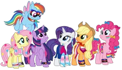 Size: 2407x1385 | Tagged: safe, artist:shiibases, artist:sir-psych0-s3xy, derpibooru import, applejack, fluttershy, pinkie pie, rainbow dash, rarity, twilight sparkle, twilight sparkle (alicorn), alicorn, earth pony, pegasus, pony, unicorn, applejack's hat, bandana, base used, bisexual pride flag, body painting, bow, bracelet, choker, clothes, cowboy hat, demisexual, demisexual pride flag, dress, ear piercing, earring, face paint, female, freckles, fying, grin, hair bow, hat, image, jewelry, lesbian pride flag, mane six, mare, pansexual, pansexual pride flag, piercing, png, polyamory pride flag, pride, pride flag, pride month, raised hoof, simple background, smiling, socks, striped socks, tail bow, trans female, transgender, transgender pride flag, transparent background, wristband