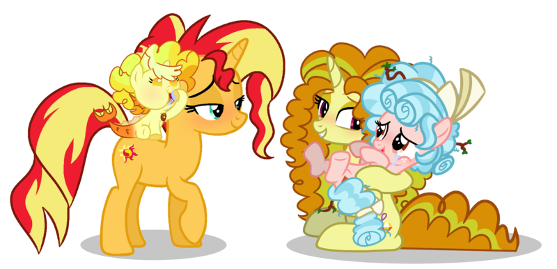 Size: 6857x3320 | Tagged: safe, artist:maiii-san, derpibooru import, adagio dazzle, cozy glow, sunset shimmer, oc, ponified, pegasus, pony, siren, unicorn, equestria girls, equestria girls ponified, female, filly, grin, holding a pony, horn, hug, image, mare, parent:adagio dazzle, png, simple background, siren oc, smiling, transparent background, wings