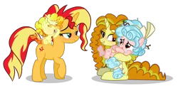 Size: 6857x3320 | Tagged: safe, artist:maiii-san, derpibooru import, adagio dazzle, cozy glow, sunset shimmer, oc, ponified, pegasus, pony, siren, unicorn, equestria girls, equestria girls ponified, female, filly, grin, holding a pony, horn, hug, image, mare, parent:adagio dazzle, png, simple background, siren oc, smiling, transparent background, wings