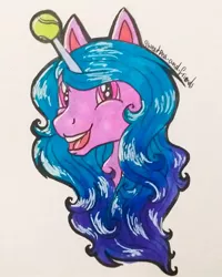 Size: 1080x1350 | Tagged: safe, artist:sweetpea-and-friends, derpibooru import, izzy moonbow, pony, unicorn, ball, bust, female, g5, horn, horn guard, horn impalement, hornball, image, izzy's tennis ball, jpeg, mare, open mouth, signature, solo, tennis ball, traditional art