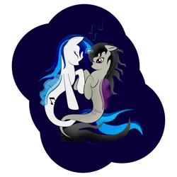 Size: 2449x2449 | Tagged: safe, artist:zomgitsalaura, derpibooru import, octavia melody, vinyl scratch, earth pony, pony, seapony (g4), unicorn, blue background, dorsal fin, eyes closed, female, fish tail, flowing mane, flowing tail, glowing horn, horn, image, looking at each other, png, purple eyes, seaponified, seapony octavia, seapony vinyl scratch, simple background, smiling, species swap, tail, transparent background