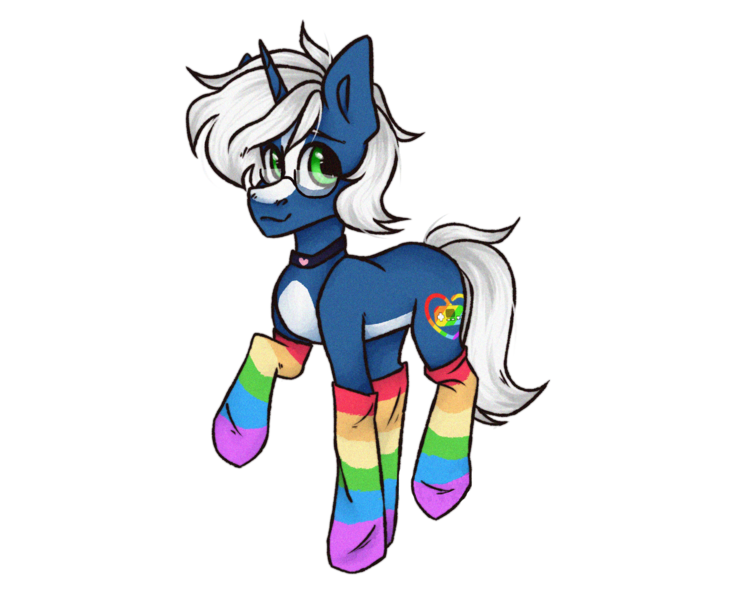 Size: 2500x2000 | Tagged: safe, artist:canada_cho_nado, derpibooru import, oc, oc:passi deeper, unofficial characters only, pony, unicorn, choker, clothes, coat markings, eyebrows, femboy, glasses, green eyes, horn, image, looking at you, male, png, rainbow socks, raised leg, simple background, smiling, smiling at you, socks, solo, stallion, stockings, striped socks, thigh highs, transparent background, unicorn oc