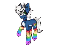 Size: 2500x2000 | Tagged: safe, artist:canada_cho_nado, derpibooru import, oc, oc:passi deeper, unofficial characters only, pony, unicorn, choker, clothes, coat markings, eyebrows, femboy, glasses, green eyes, horn, image, looking at you, male, png, rainbow socks, raised leg, simple background, smiling, smiling at you, socks, solo, stallion, stockings, striped socks, thigh highs, transparent background, unicorn oc