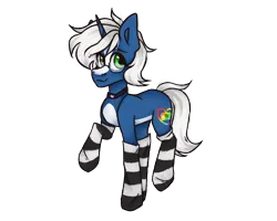 Size: 2500x2000 | Tagged: safe, artist:canada_cho_nado, derpibooru import, oc, oc:passi deeper, unofficial characters only, pony, unicorn, choker, clothes, coat markings, eyebrows, femboy, glasses, green eyes, horn, image, looking at you, male, png, raised leg, simple background, smiling, smiling at you, socks, solo, stallion, stockings, striped socks, thigh highs, transparent background, unicorn oc