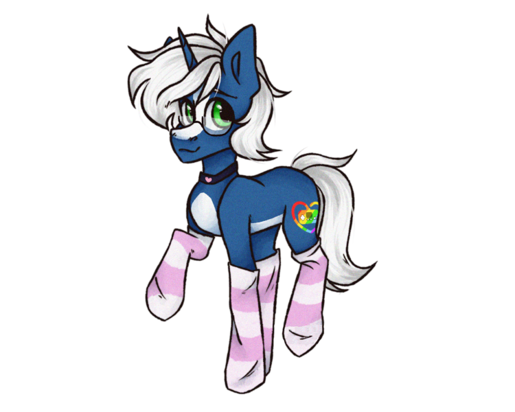 Size: 2500x2000 | Tagged: safe, artist:canada_cho_nado, derpibooru import, oc, oc:passi deeper, unofficial characters only, pony, unicorn, choker, clothes, coat markings, eyebrows, femboy, glasses, green eyes, horn, image, looking at you, male, png, raised leg, simple background, smiling, smiling at you, socks, solo, stallion, stockings, striped socks, thigh highs, transparent background, unicorn oc