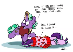 Size: 2344x1676 | Tagged: safe, artist:bobthedalek, derpibooru import, firelight, starlight glimmer, pony, unicorn, atg 2021, clothes, father and child, father and daughter, fathers gonna father, female, image, magic, male, newbie artist training grounds, png, sweater, telekinesis, this will end in tears