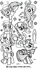 Size: 1016x1834 | Tagged: safe, derpibooru import, official, part of a set, applejack, fluttershy, pinkie pie, rainbow dash, rarity, twilight sparkle, alicorn, earth pony, pegasus, pony, unicorn, boots, christmas, clothes, coloring book, flying, hat, hearth's warming eve coloring book, holiday, image, indexed png, mane six, monochrome, png, rearing, santa hat, scan, scarf, shoes, simple background, snow, stock vector, white background, winter hat