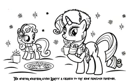 Size: 1688x1088 | Tagged: safe, derpibooru import, official, part of a set, rarity, sweetie belle, pony, unicorn, chocolate, clothes, coloring book, cookie, earmuffs, female, filly, food, hat, hearth's warming eve, hearth's warming eve coloring book, hot chocolate, image, indexed png, mare, monochrome, png, scan, scarf, simple background, snow, snowfall, stock vector, white background