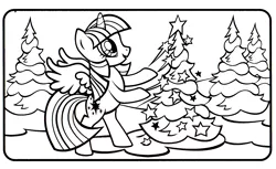 Size: 1780x1086 | Tagged: safe, derpibooru import, official, part of a set, twilight sparkle, twilight sparkle (alicorn), alicorn, pony, christmas, christmas tree, coloring book, female, hearth's warming eve coloring book, holiday, image, indexed png, mare, monochrome, png, scan, simple background, stock vector, tree, white background
