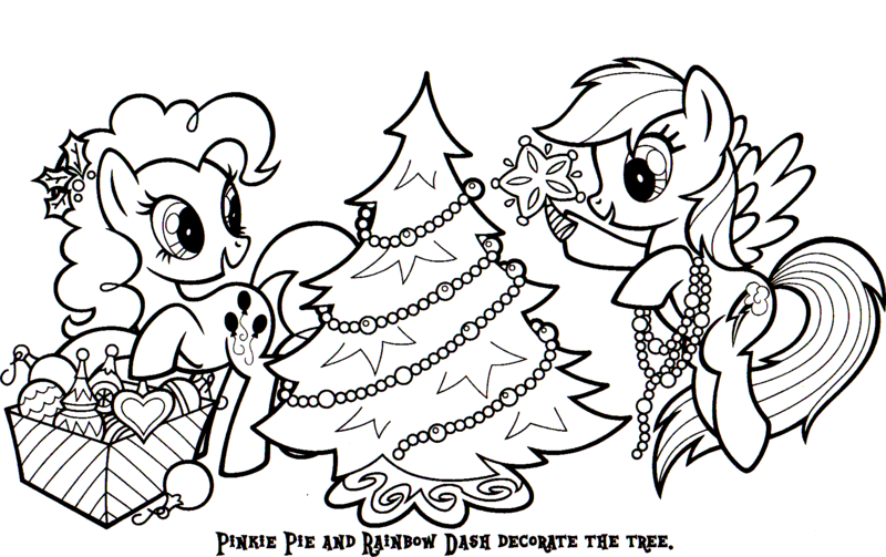 Size: 1731x1088 | Tagged: safe, derpibooru import, official, part of a set, pinkie pie, rainbow dash, earth pony, pegasus, pony, box, christmas, christmas tree, coloring book, female, flying, garland, hearth's warming eve coloring book, holiday, holly, image, indexed png, mare, monochrome, ornaments, png, scan, simple background, stock vector, tree, tree topper, white background