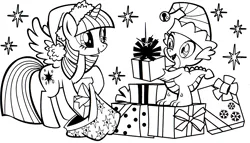 Size: 1732x991 | Tagged: safe, derpibooru import, official, part of a set, spike, twilight sparkle, alicorn, dragon, pony, bell, coloring book, elf hat, hat, hearth's warming eve coloring book, image, indexed png, monochrome, png, present, scan, simple background, stars, stock vector, white background