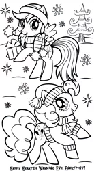 Size: 968x1754 | Tagged: safe, derpibooru import, official, part of a set, pinkie pie, rainbow dash, earth pony, pegasus, pony, clothes, coloring book, cute, dashabetes, diapinkes, female, hat, hearth's warming eve, hearth's warming eve coloring book, image, indexed png, mare, monochrome, pine tree, png, present, scan, scarf, simple background, snow, snowflake, sparkles, stock vector, sweater, tree, white background, winter hat