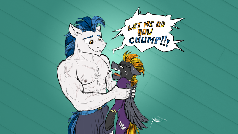 Size: 3934x2213 | Tagged: safe, artist:helmie-art, derpibooru import, oc, unofficial characters only, anthro, pegasus, pony, abs, angry, clothes, costume, cross-popping veins, holding a pony, image, male, male nipples, muscles, muscular male, nipples, nudity, open mouth, partial nudity, png, shadowbolts costume, shorts, smiling, topless, vein bulge, yelling