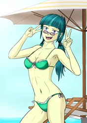 Size: 3541x5016 | Tagged: suggestive, alternate version, artist:symptom99, derpibooru import, juniper montage, equestria girls, mirror magic, spoiler:eqg specials, belly button, clothes, double peace sign, glasses, image, ocean, open mouth, open smile, peace sign, png, smiling, swimsuit, umbrella