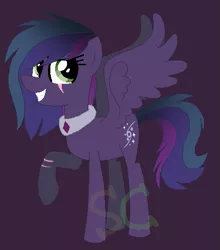 Size: 463x525 | Tagged: safe, artist:somecoconut, derpibooru import, oc, unofficial characters only, pegasus, pony, base used, choker, eye scar, eyelashes, female, grin, image, mare, pegasus oc, png, purple background, raised hoof, scar, simple background, smiling, wings