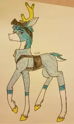 Size: 2278x3809 | Tagged: safe, artist:agdapl, derpibooru import, deer, antlers, deerified, female, harness, image, jpeg, pyro, rule 63, signature, solo, species swap, tack, traditional art, unshorn fetlocks