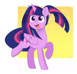 Size: 1200x1158 | Tagged: safe, artist:ch-chau, derpibooru import, twilight sparkle, twilight sparkle (alicorn), alicorn, pony, alternate hairstyle, cute, female, happy, image, jpeg, mare, open mouth, ponytail, raised hoof, simple background, smiling, solo, twiabetes