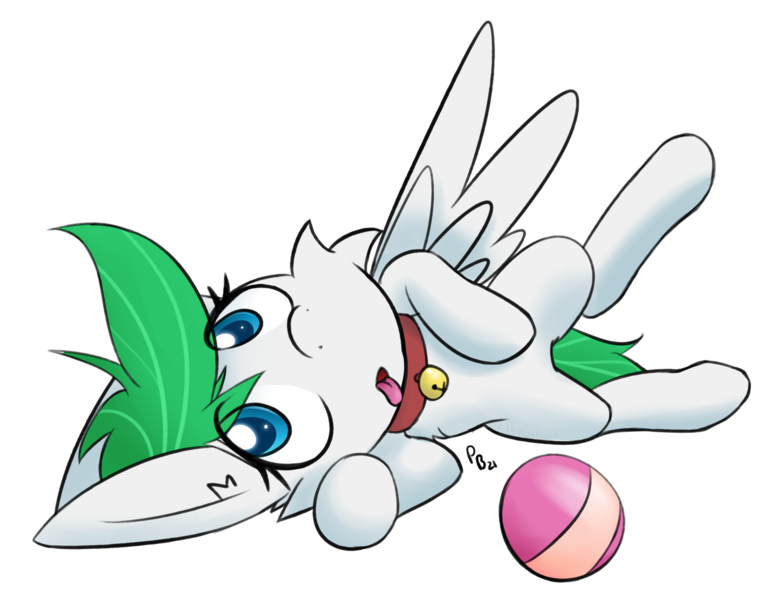 Size: 2048x1590 | Tagged: safe, artist:ponballoon, derpibooru import, oc, oc:zephyr, unofficial characters only, pegasus, pony, fanfic:zephyr, ball, behaving like a dog, bell, bell collar, collar, female, image, lying down, mare, pet play, png, pony pet, solo